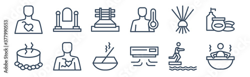 12 pack of icons. thin outline icons such as 2steam bath, air cooling, arterioles, birching, brine cabin, caldarium for web and mobile apps, logo