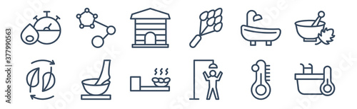 12 pack of icons. thin outline icons such as cold plunge, dousing shower, foot bath, hamam, hideaway, hormones for web and mobile apps, logo
