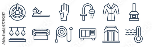 12 pack of icons. thin outline icons such as hyperthermia, irish steam bath, laconium, null, mottled skin, private spa for web and mobile apps, logo