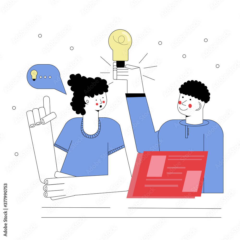 man and girl are discussing the idea. The girl makes the amendments. Brainstorm. Vector illustration.