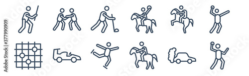 12 pack of icons. thin outline icons such as dodgeball, equestrianism, formula racing, horse racing, hurling, judo for web and mobile apps, logo