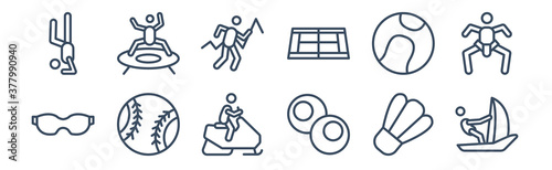 12 pack of icons. thin outline icons such as sailboat sport, snooker, softball, tennis ball, trail running, trampolining for web and mobile apps, logo