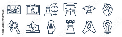 12 pack of icons. thin outline icons such as restrict, rook, startup laptop, strategic vision, strategy choice, strategy game for web and mobile apps, logo