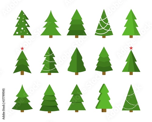 Christmas tree flat icon set. Xmas cartoon craft collection. Vector new year winter holiday desing element