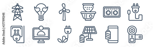 12 pack of icons. thin outline icons such as little camcorder, solar battery, telemarketing, cassette tape, eolic, ecologic bulb for web and mobile apps, logo