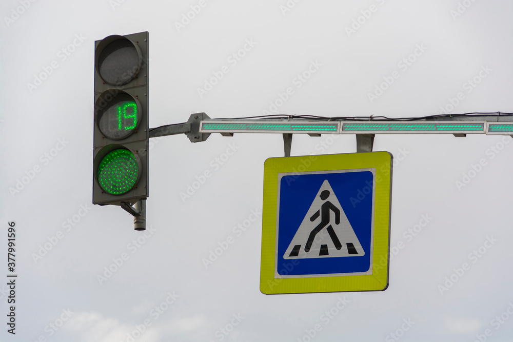 pedestrian crossing sign and traffic light with timer Stock Photo ...