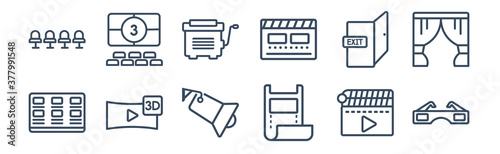 12 pack of icons. thin outline icons such as 3d paper glasses, film strip black, 3d video, cinema exit, cinema hurdy gurdy, cinema screen for web and mobile apps, logo