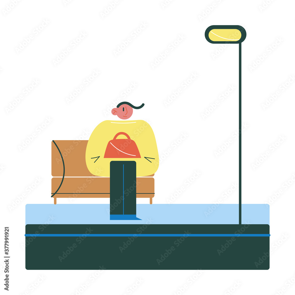 Young woman sitting on bench on platform and waiting for coming train Young woman sitting on bench on platform and waiting for coming train