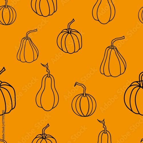 Vector seamless editable texture on an orange background black linear pumpkins of various types and shapes. Suitable for decoration on the theme of autumn or Halloween.