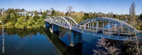 Aerial panoramic view looking West to the Fairfield Bridge over the Waikato River in Hamilton, New Zealand.