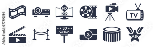 12 pack of black filled icons. glyph icons such as vip person, film counter, cinema borders, movie camera, movie roll, 1080p hd tv, image projector for web and mobile apps, logo