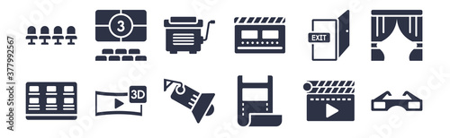 12 pack of black filled icons. glyph icons such as 3d paper glasses, film strip black, 3d video, cinema exit, cinema flapper, cinema hurdy gurdy, screen for web and mobile apps, logo