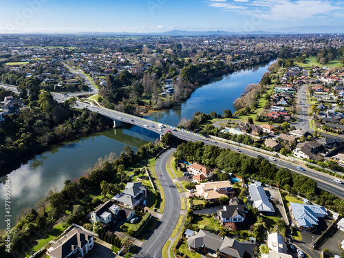 Aerial view of the Waikato River looking East towards Chartwell in Hamilton, New Zealand