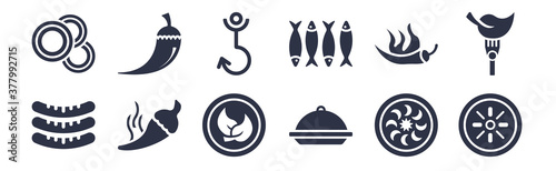 12 pack of black filled icons. glyph icons such as mantou, salver, spicy food, hot pepper, sardines, fishing tool, chili pepper for web and mobile apps, logo