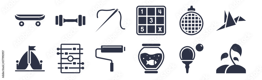 12 pack of black filled icons. glyph icons such as gardening, fish tank, table football, disco ball, sudoku, sewing, dumbell for web and mobile apps, logo 12 pack of black filled icons. glyph icons such as gardening, fish tank, table football, disco ball, sudoku, sewing, dumbell for web and mobile apps, logo