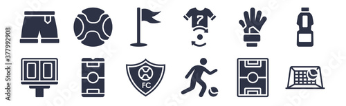 12 pack of black filled icons. glyph icons such as goal, soccer player, app, gloves, player substitution, pennant, soccer ball for web and mobile apps, logo