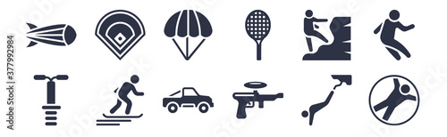 12 pack of black filled icons. glyph icons such as zorbing, paintball, snowboarding, climbing, tennis racket, parachuting, baseball field for web and mobile apps, logo
