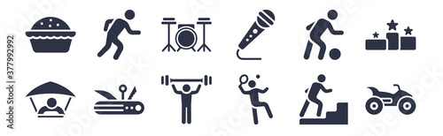12 pack of black filled icons. glyph icons such as quad, badminton, multitool, sports, karaoke, drum set, running man for web and mobile apps, logo