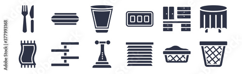 12 pack of black filled icons. glyph icons such as waste basket, window coverings, wall shelves, cabinets, card table, glassware, linens for web and mobile apps, logo