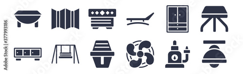 12 pack of black filled icons. glyph icons such as lamps, heating unit, porch swing, armoire, lounger, hassock, room divider for web and mobile apps, logo