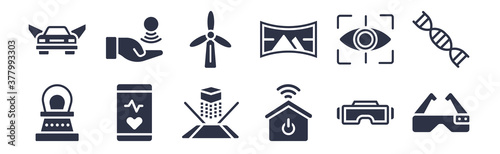 12 pack of black filled icons. glyph icons such as ar glasses, smart house, stethoscope, eye scan, panoramic view, eolic energy, telekinesis for web and mobile apps, logo