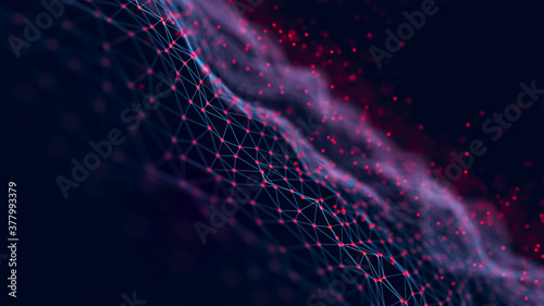 Connected polygons in a geometric background. Cybernetic particles network connection 3d rendering.