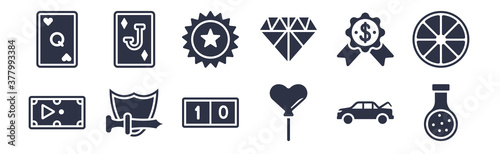 12 pack of black filled icons. glyph icons such as potions, balloon hearts, role playing game, money award, diamonf, bonus, jack of clubs for web and mobile apps, logo
