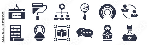 12 pack of black filled icons. glyph icons such as massage oil, message app, mri scanner, open source, organism, outsourcing, painting work for web and mobile apps, logo