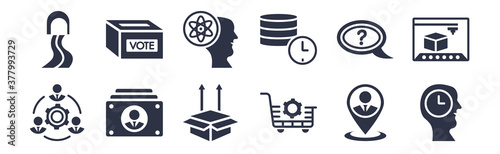 12 pack of black filled icons. glyph icons such as patience, procurement, profile list, quiz, real time data, realization, referendum for web and mobile apps, logo