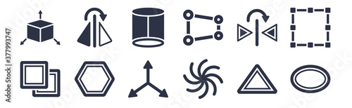 12 pack of black filled icons. glyph icons such as oval, spiral, polygon, mirror horizontally, distort, cylinder, flip for web and mobile apps, logo