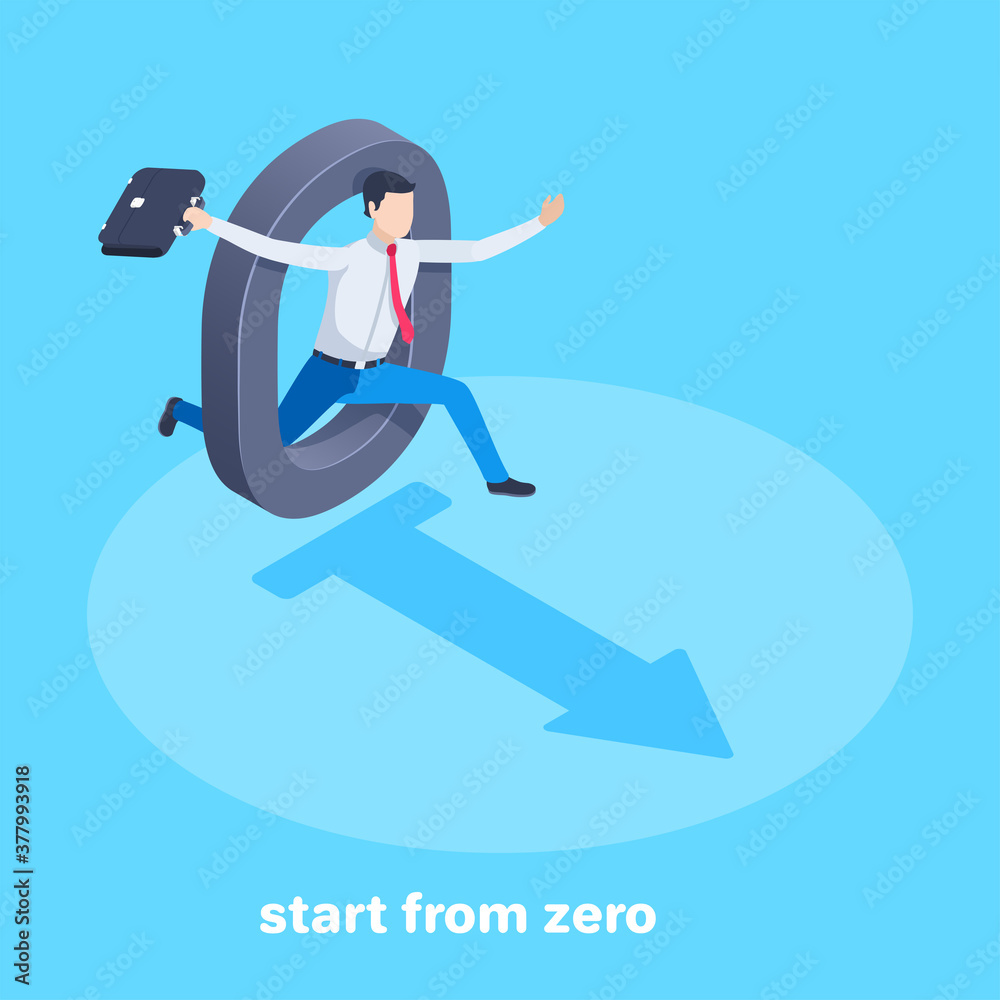 isometric vector image on a blue background, a man in business clothes with a briefcase runs through the number 0, business start from zero