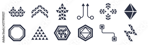 12 pack of black filled icons. glyph icons such as lightning bolt polygonal, metatron cube, multiple triangles triangle, ornamental rotating polygonal, parallel, polygonal arrow up, ascendant for