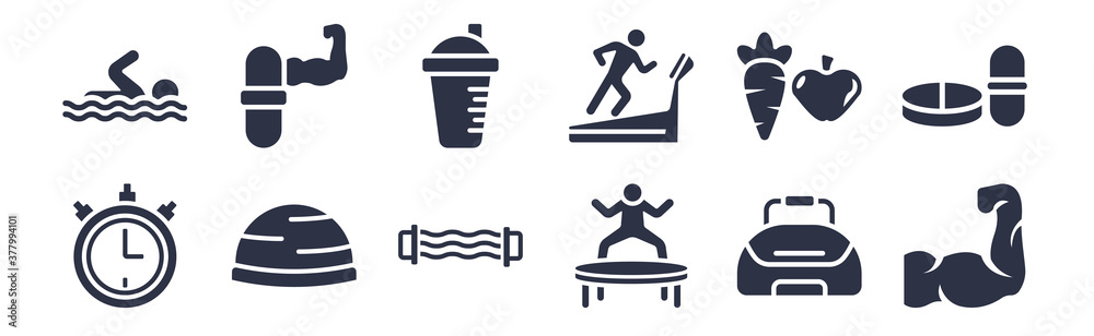 12 pack of black filled icons. glyph icons such as muscles, trampoline, bosu ball, carrot and apple, running treadmill, protein shake, steroids for web and mobile apps, logo 12 pack of black filled icons. glyph icons such as muscles, trampoline, bosu ball, carrot and apple, running treadmill, protein shake, steroids for web and mobile apps, logo