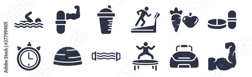 12 pack of black filled icons. glyph icons such as muscles, trampoline, bosu ball, carrot and apple, running treadmill, protein shake, steroids for web and mobile apps, logo