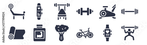 12 pack of black filled icons. glyph icons such as lifting barbell, riding bicycle, phytonutrients, exercise bike, little dumbbell, barbell bench press, sport watch for web and mobile apps, logo