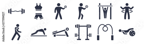 12 pack of black filled icons. glyph icons such as exercising with gymnastic ball, lifting dumbbells, pushups exercises, bar exercising, dumbbells exercise, lifting weight with right arm, female