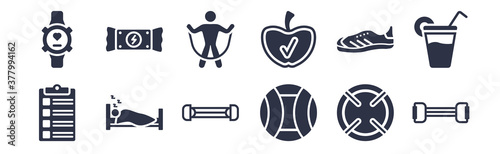 12 pack of black filled icons. glyph icons such as chest expanders, power ball, sleep, trainers, good diet, skip rope, energy snack for web and mobile apps, logo