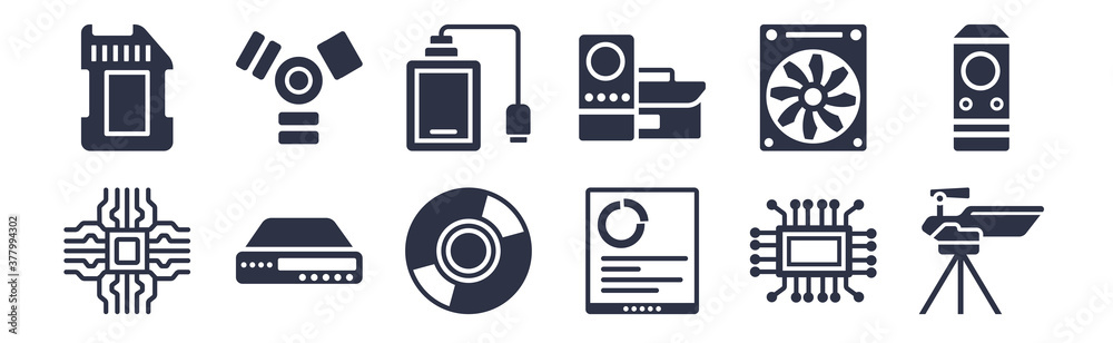 12 pack of black filled icons. glyph icons such as big camera, big tablet, cd room, computer fan, device manager, external hard drive, firewire for web and mobile apps, logo 12 pack of black filled icons. glyph icons such as big camera, big tablet, cd room, computer fan, device manager, external hard drive, firewire for web and mobile apps, logo