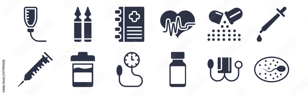 12 pack of black filled icons. glyph icons such as spermatozoon, syrup, urine, antibiotics, cardiology, medical book, ampoule for web and mobile apps, logo 12 pack of black filled icons. glyph icons such as spermatozoon, syrup, urine, antibiotics, cardiology, medical book, ampoule for web and mobile apps, logo