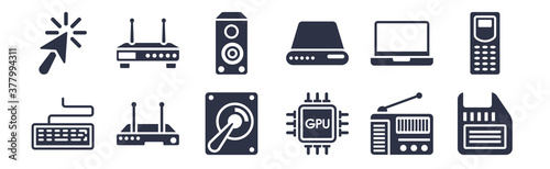12 pack of black filled icons. glyph icons such as floppy disk upside down, gpu, hardware hotspot, laptop screen, local disk, loudspeakers, modem with two antenna for web and mobile apps, logo