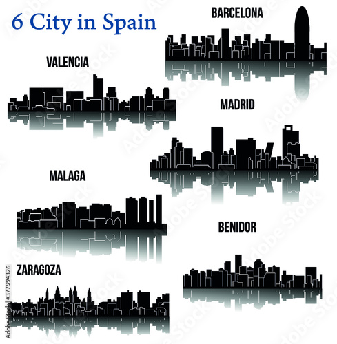 Set of 6 city silhouette in Spain ( Madrid, Zaragoza, Barcelona, Valencia, Malaga, Benidor )