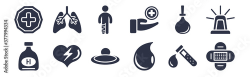 12 pack of black filled icons. glyph icons such as band aid, blood drop, defibrillator, enema, health care, injury, lung for web and mobile apps, logo