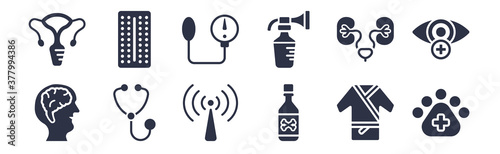 12 pack of black filled icons. glyph icons such as veterinary, poisonous, phonendoscope, urology, breast pump, blood pressure gauge, contraceptive pills for web and mobile apps, logo