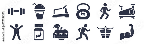 12 pack of black filled icons. glyph icons such as muscle, exercise, proteins, running, kettlebell, treadmill, juice for web and mobile apps, logo