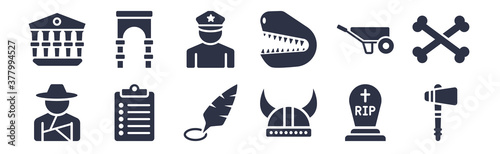 12 pack of black filled icons. glyph icons such as ancient weapon, viking helmet, report, wheelbarrow, dinosaur, policeman, arc for web and mobile apps, logo