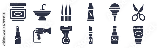 12 pack of black filled icons. glyph icons such as body cream, cosmetics, dryer, nasal aspirator, tooth paste, toothpick, washbowl for web and mobile apps, logo