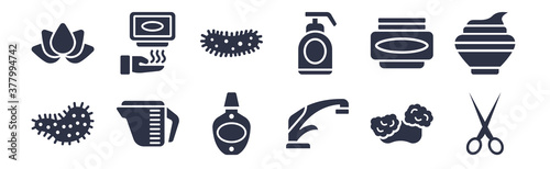 12 pack of black filled icons. glyph icons such as grooming, scrub up, detergent dose?, hair tonic, pump bottle, microbes, drying hands for web and mobile apps, logo