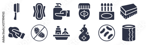 12 pack of black filled icons. glyph icons such as paper towel, food hygiene, antibacterial, ear buds, epilator, epliator, hygienic pad for web and mobile apps, logo