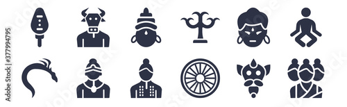 12 pack of black filled icons. glyph icons such as brahma, ashoka, chandra, krishna, parvati, saraswati, varaja for web and mobile apps, logo