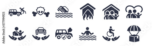 12 pack of black filled icons. glyph icons such as delivery insurance, drown, excessive weight for the vehicle, family house, fire insurance, flood risk, fracture for web and mobile apps, logo
